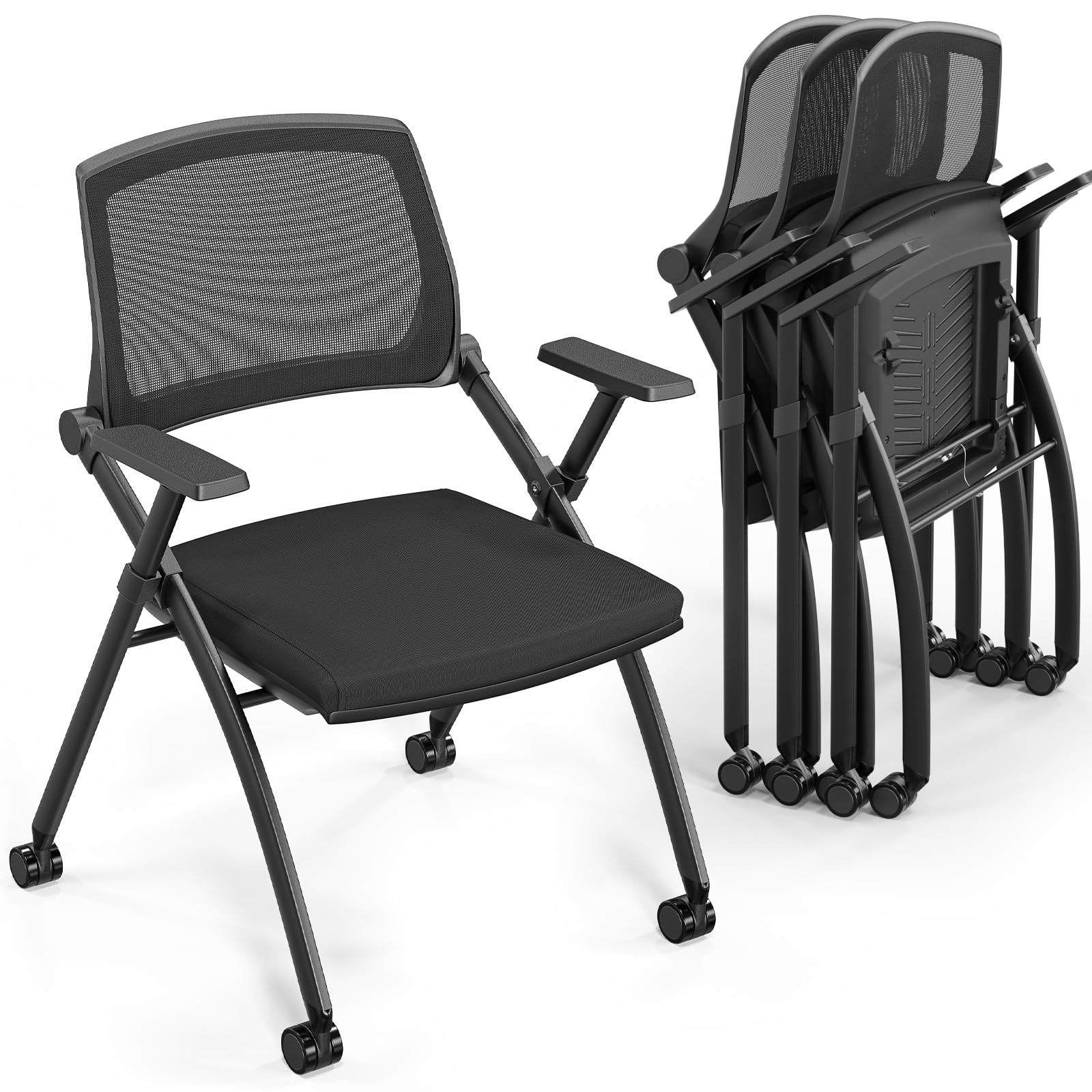 4 Pack Stackable Conference Room Chairs with Wheels, Folding Office Chair with Rebound Back, Padded Seat for Training Room, Guest, Reception, Event, Capacity 350lbs, Black