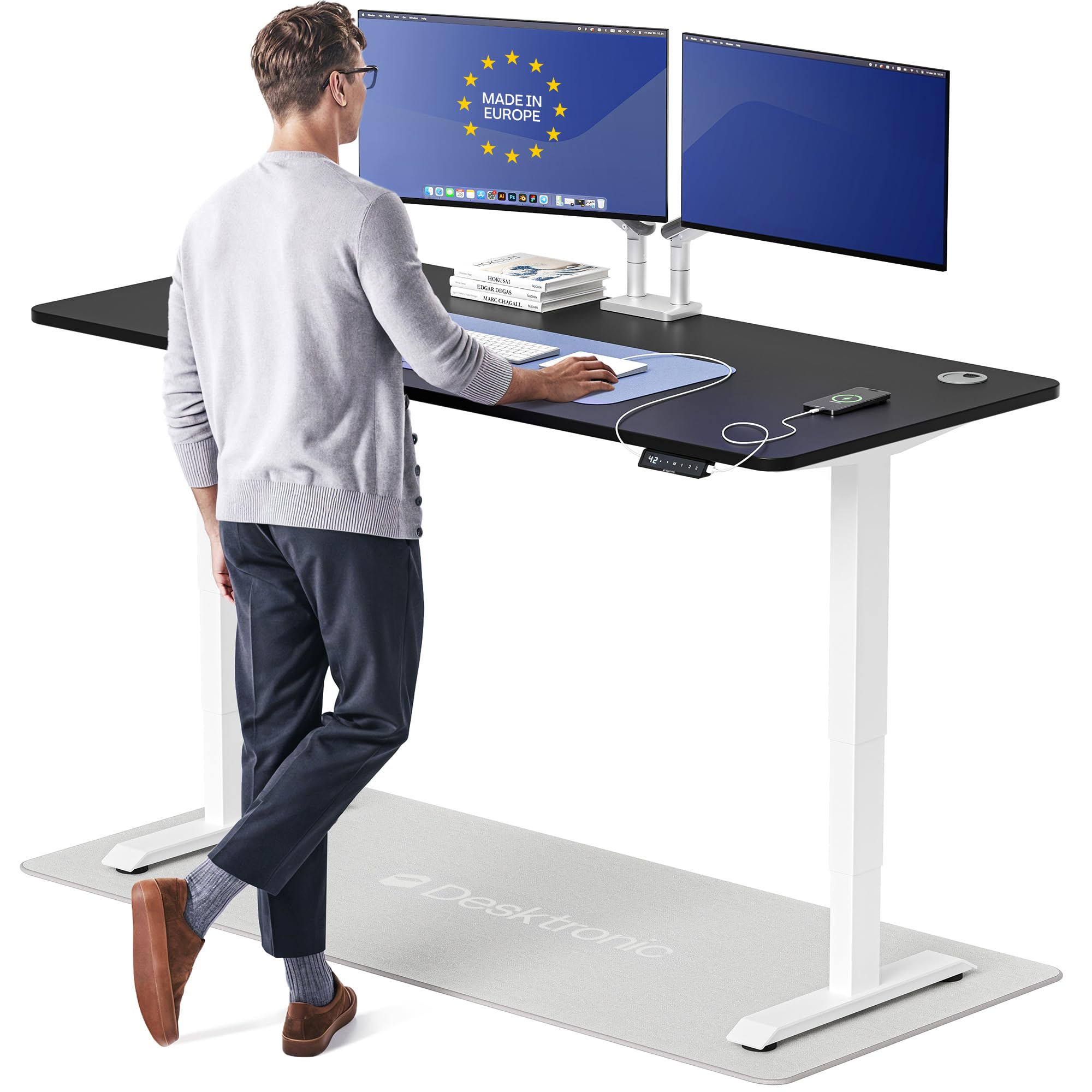 HomePro Standing Desk 70x30 — Made in Europe, Ergonomic Sit Stand Home Office Desk, Electric Height Adjustable, Dual Motor, USB & USB-C Charging, Wobble-Free, Touchscreen, 3 Memory Presets