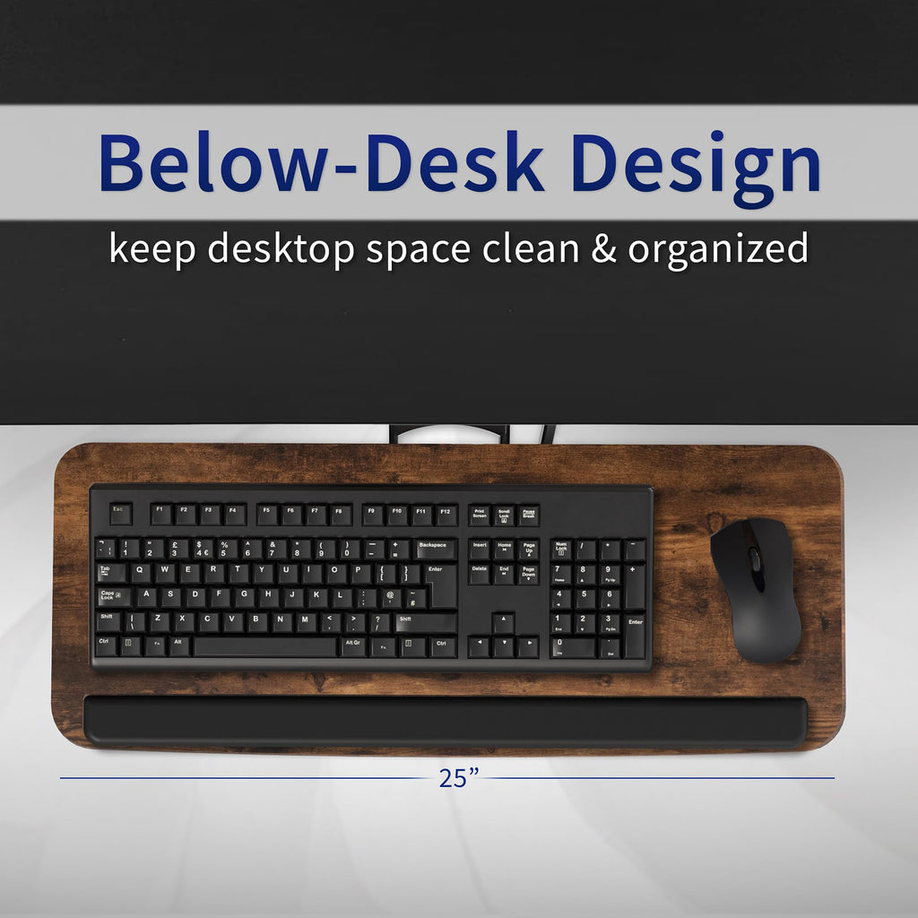 Adjustable Computer Keyboard and Mouse Platform Tray, Ergonomic Under Table Desk Mount Drawer Underdesk Shelf, Rustic Vintage Brown, MOUNT-KB03N