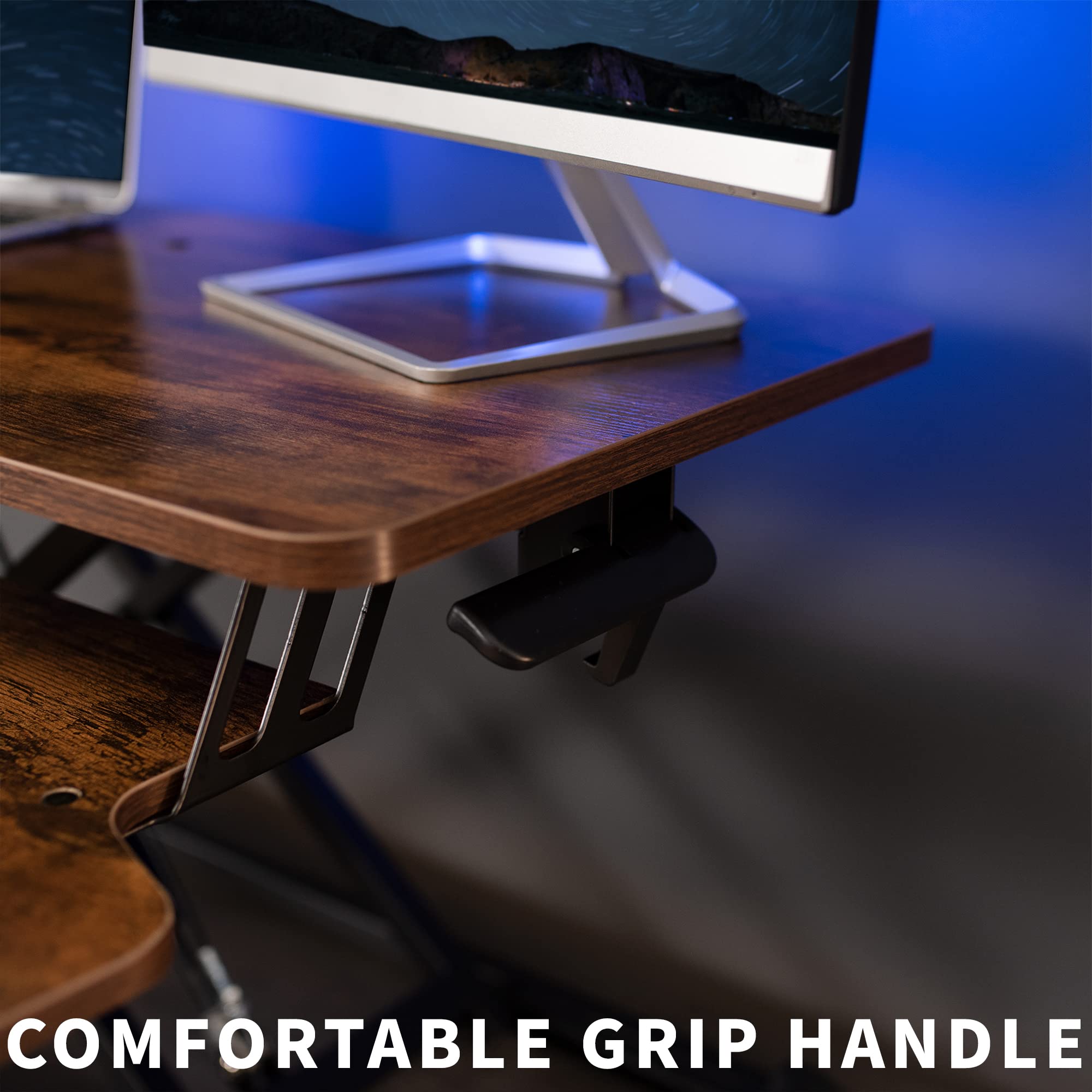 32 inch Desk Converter, K Series, Height Adjustable Sit to Stand Riser, Dual Monitor and Laptop Workstation with Wide Keyboard Tray, Vintage Brown Top, Black Frame, DESK-V000KN