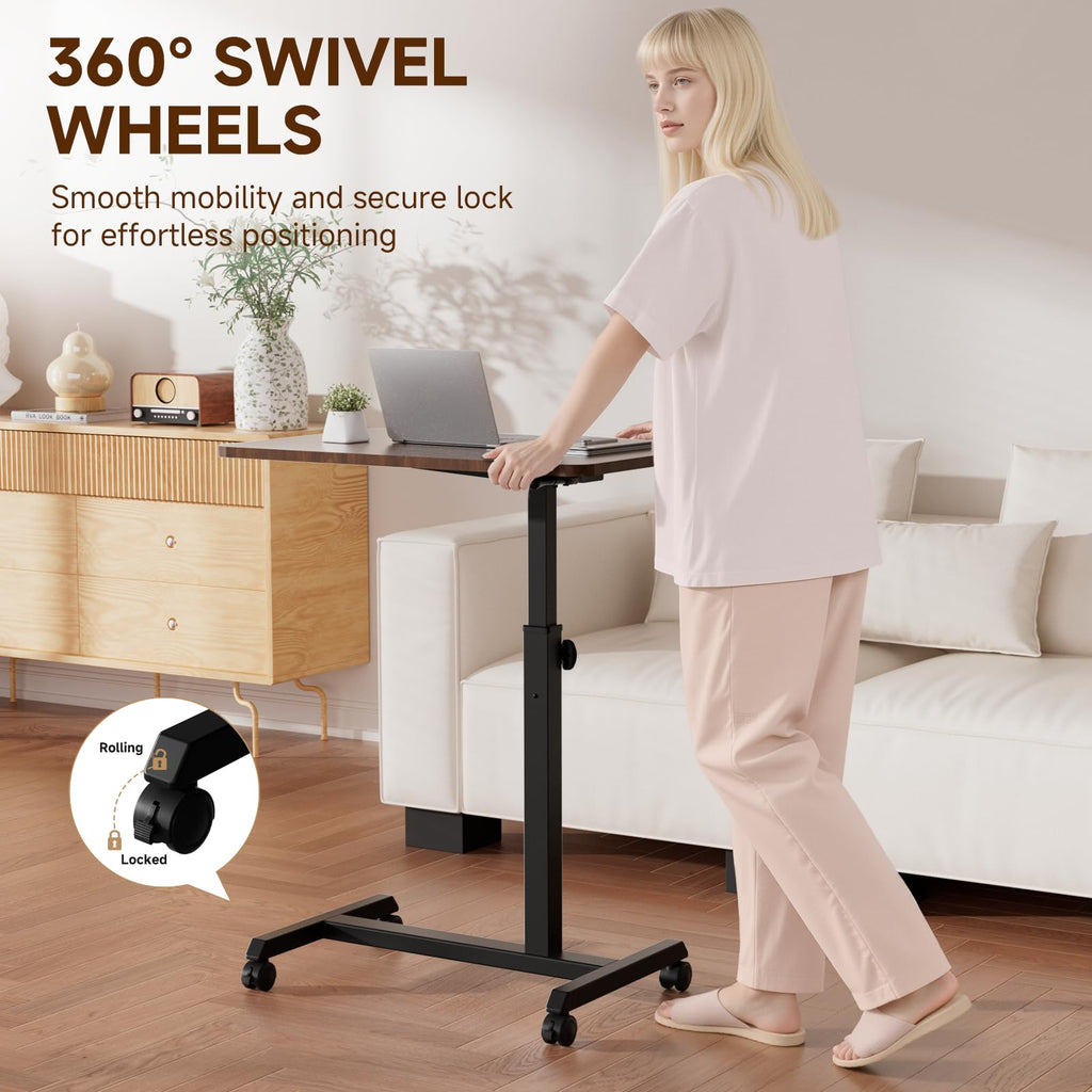 Small Standing Desk, 24 Inches Foldable Mobile Rolling Laptop PC Table with Lockable Casters, Adjustable Height Overbed Bedside Table Computer Workstation for Home Office, Dark Brown-Foldable