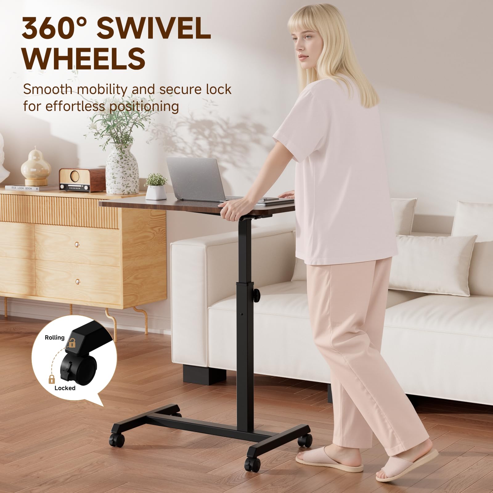 Small Standing Desk, 24 Inches Foldable Mobile Rolling Laptop PC Table with Lockable Casters, Adjustable Height Overbed Bedside Table Computer Workstation for Home Office, Dark Brown-Foldable