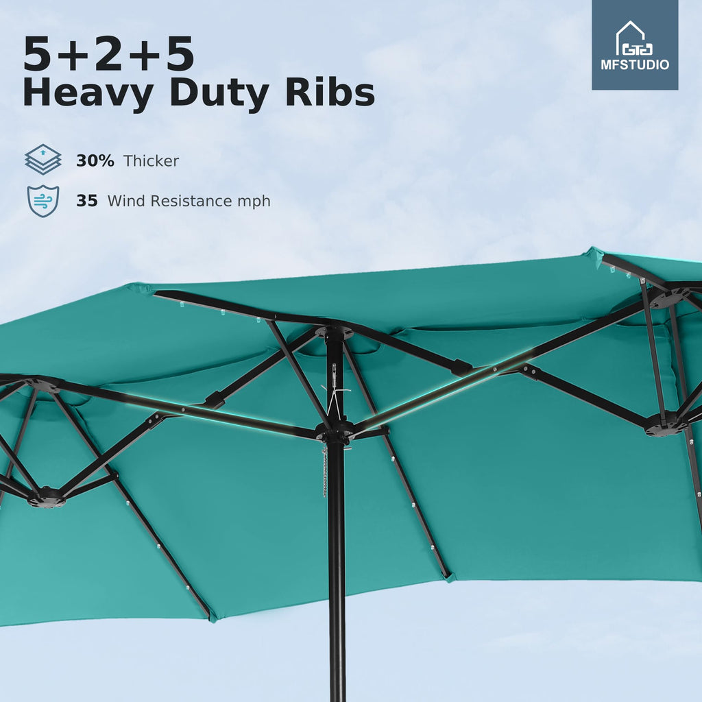 15ft Double Sided Patio Umbrella with Solar Lights, Outdoor Large Umbrellas with Crank Handle and 36 LED Lights, Rectangular Market Umbrella with Base Included for Deck Pool Shade, Turquoise
