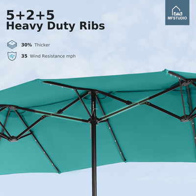 15ft Double Sided Patio Umbrella with Solar Lights, Outdoor Large Umbrellas with Crank Handle and 36 LED Lights, Rectangular Market Umbrella with Base Included for Deck Pool Shade, Turquoise