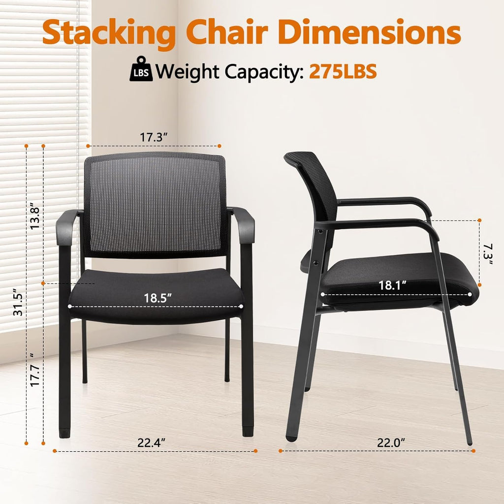 Black 8 Pack Set, Mesh Back Stacking Arm Chairs with Upholstered Fabric Seat and Ergonomic Lumbar Support for Office School Church Guest Reception , New Version
