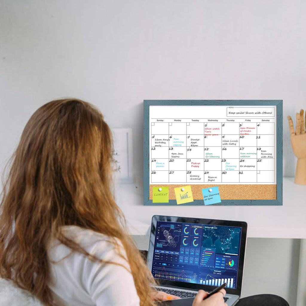 Whiteboard Calendar & Corkboard for Wall, 17x13 Inches Dry Erase Monthly Calendar with Wood Framed, Magnetic White Board Cork Board Combo, Bulletin Board for Home Office Kitchen Memo Planner
