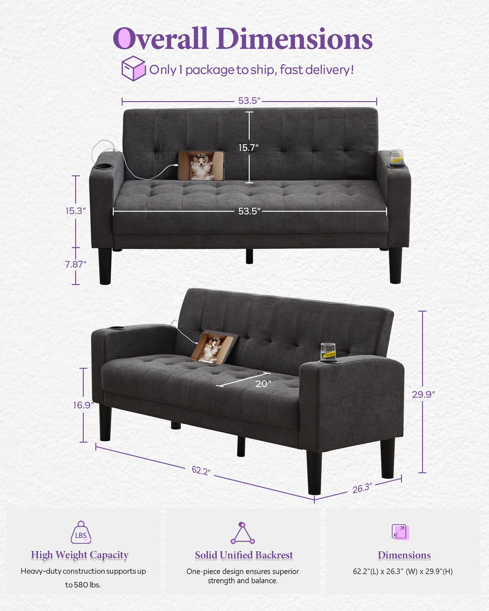 62 Inch Linen Upholstered Tufted Mid-Century Modern Loveseat Sofa w/ 2 USB Charger Ports and 2 Cupholders, Small Love Seat Couches for Living Room, Bedroom, Apartment, Dorm (Dark Grey)