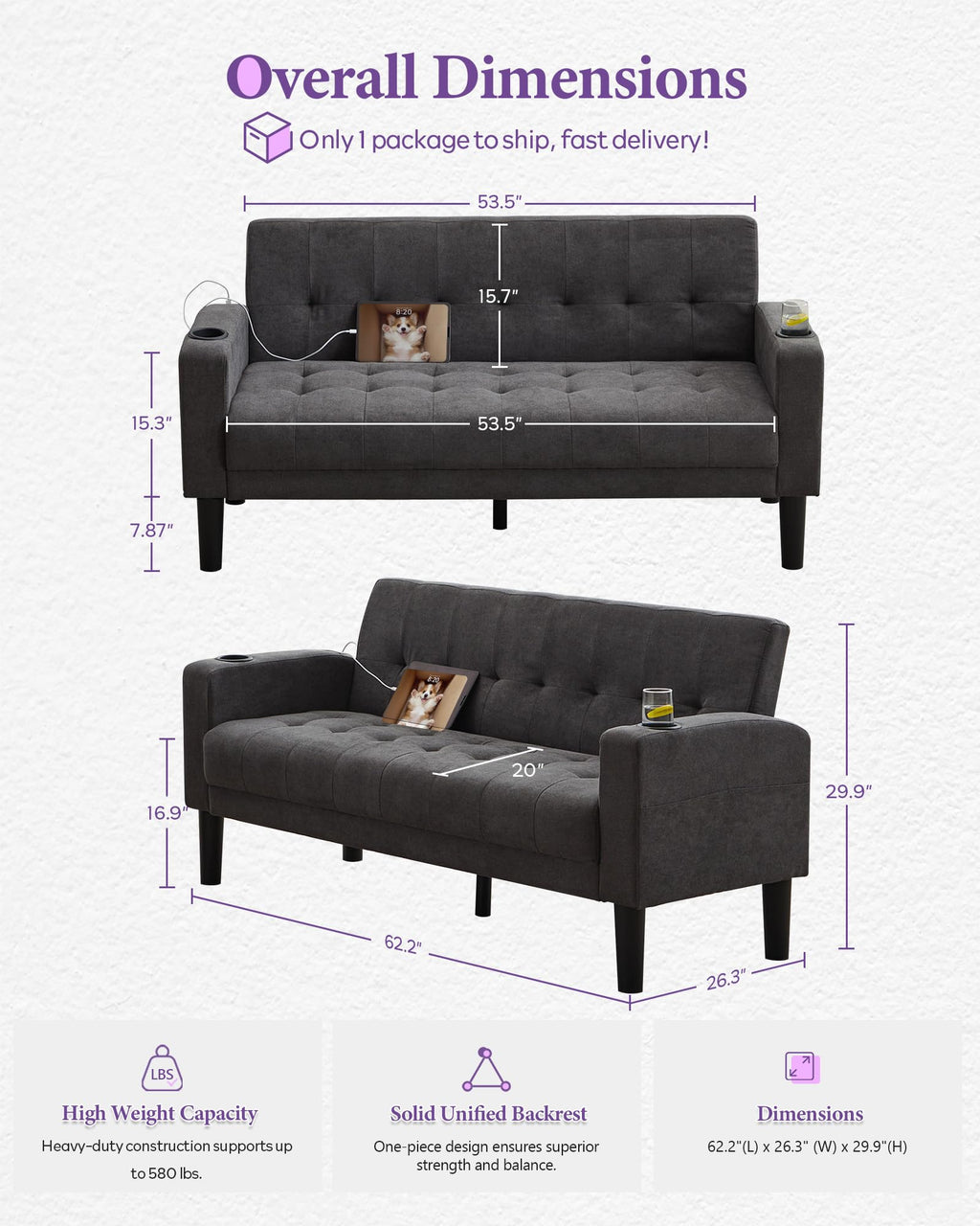 62 Inch Linen Upholstered Tufted Mid-Century Modern Loveseat Sofa w/ 2 USB Charger Ports and 2 Cupholders, Small Love Seat Couches for Living Room, Bedroom, Apartment, Dorm (Dark Grey)