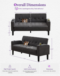 62 Inch Linen Upholstered Tufted Mid-Century Modern Loveseat Sofa w/ 2 USB Charger Ports and 2 Cupholders, Small Love Seat Couches for Living Room, Bedroom, Apartment, Dorm (Dark Grey)