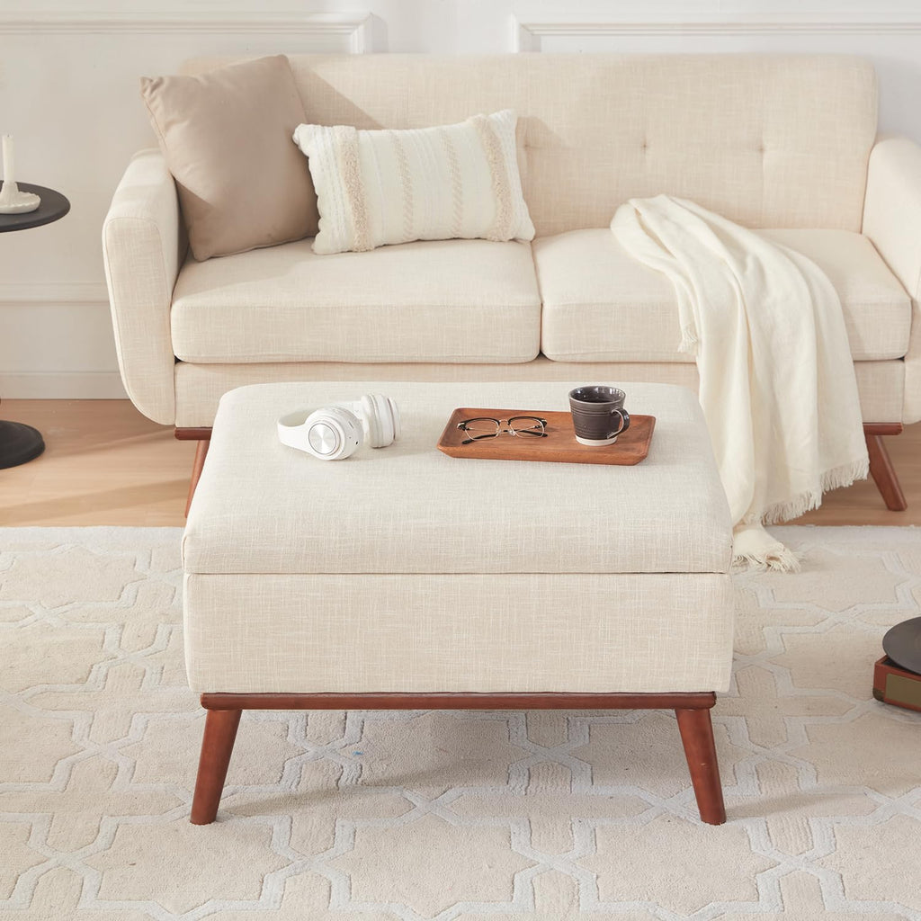65" W Loveseat Sofa with Ottoman Coffee Table, Mid Century Modern Decor Love Seat Couches and Ottoman with Storage for Living Room, Button Tufted Upholstered Love Seats Furniture Set, Beige