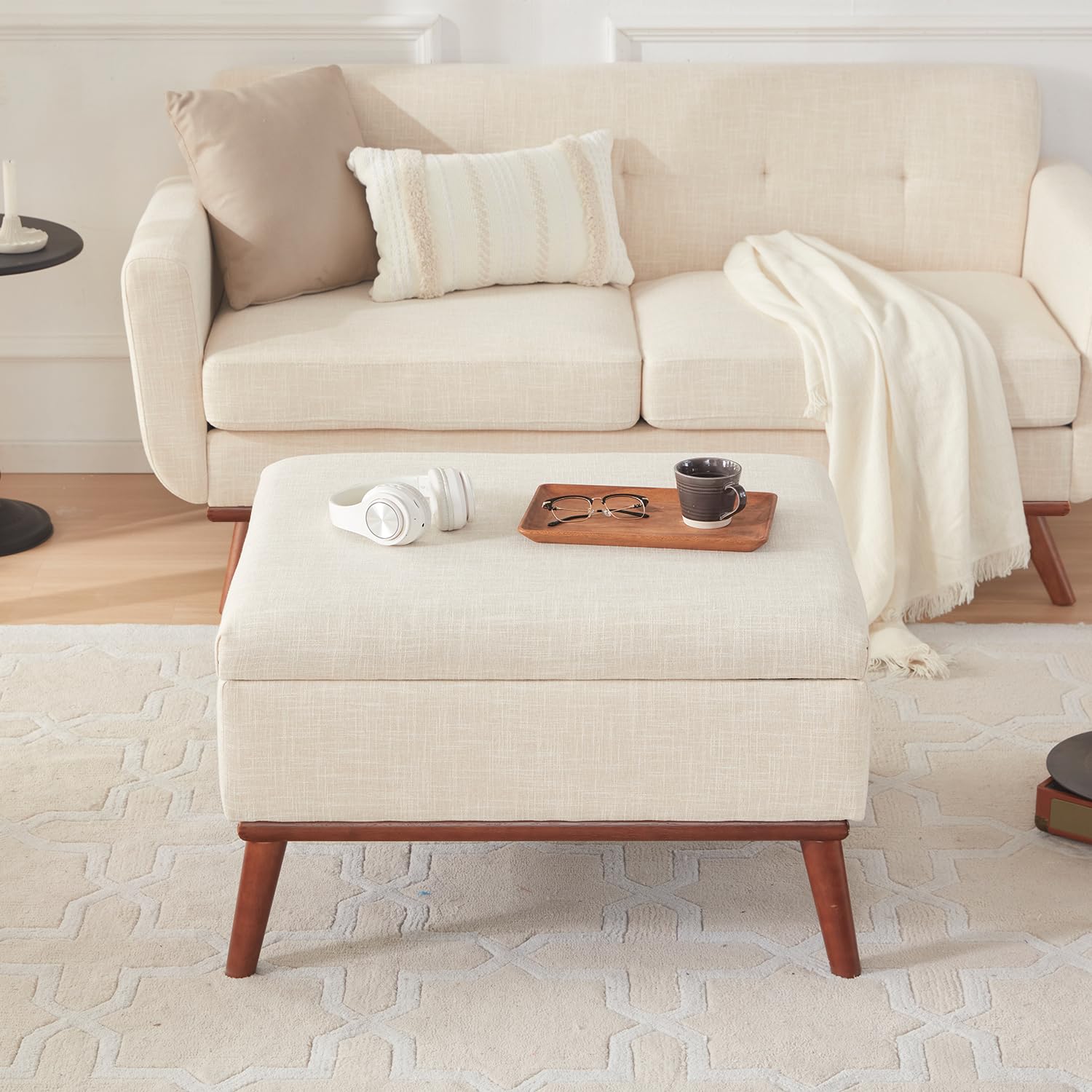 65" W Loveseat Sofa with Ottoman Coffee Table, Mid Century Modern Decor Love Seat Couches and Ottoman with Storage for Living Room, Button Tufted Upholstered Love Seats Furniture Set, Beige