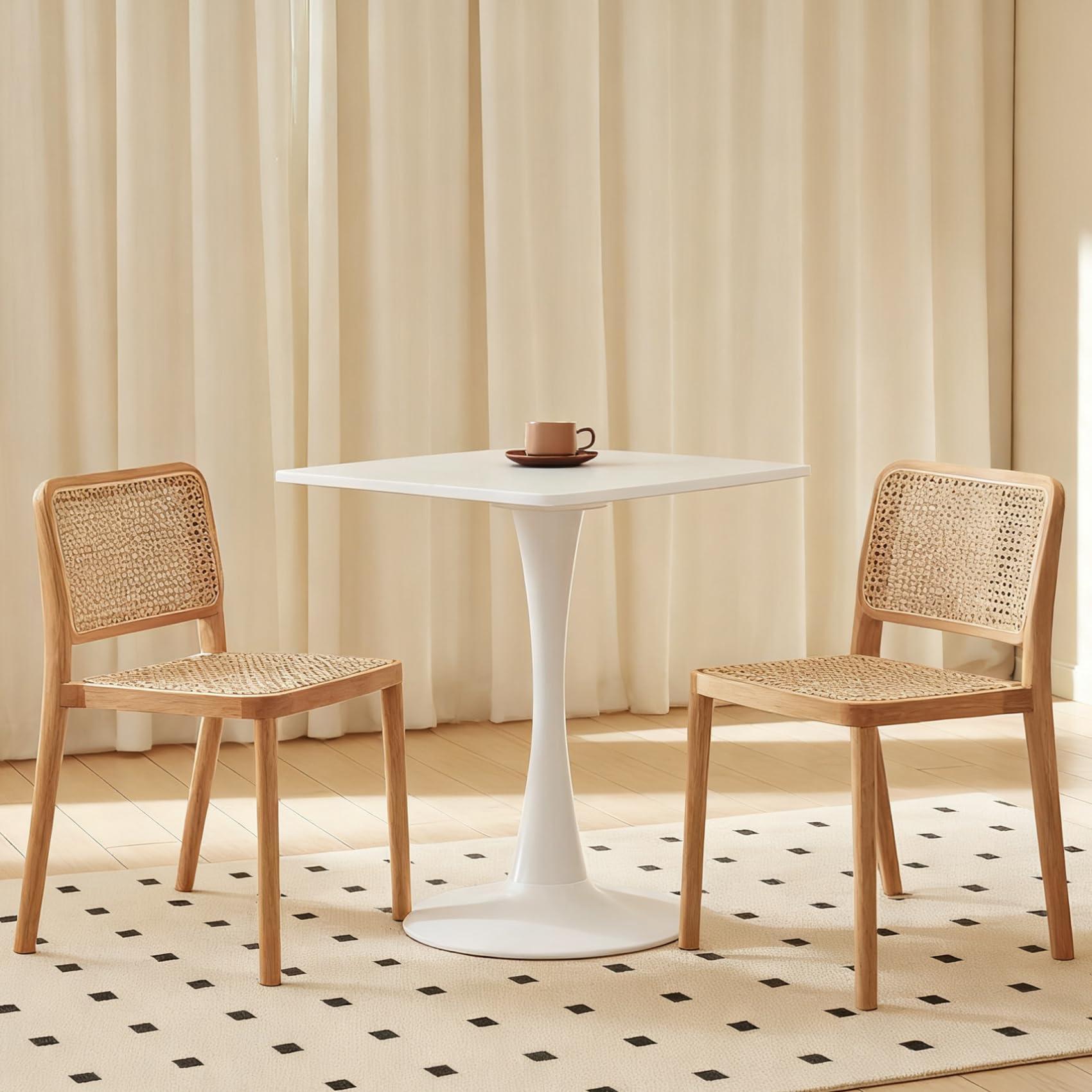 Square Dining Table, 24" Tulip Table with Thickened Tabletop & Metal Pedestal, Mid Century Modern Bistro Table for Kitchen, Small Places, Living Room, Cafe (White)