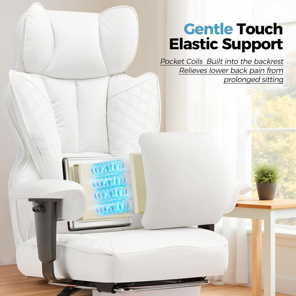 Desk Office Chair Big and Tall Office Chairs Ergonomic Gaming Chairs with Wide Seat Leather High Back Chair with Foot Rest Adjustable Armrests Pocket Spring Lumbar Support