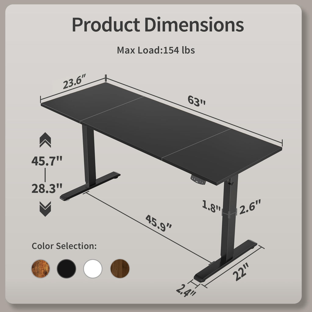 Electric Standing Desk, 63 x 24 Inches Height Adjustable Desk, Sit Stand up for Work Office Home, Ergonomic Rising Computer Table with Memory Preset, Black
