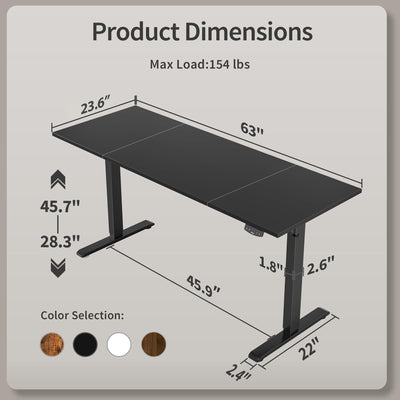 Electric Standing Desk, 63 x 24 Inches Height Adjustable Desk, Sit Stand up for Work Office Home, Ergonomic Rising Computer Table with Memory Preset, Black