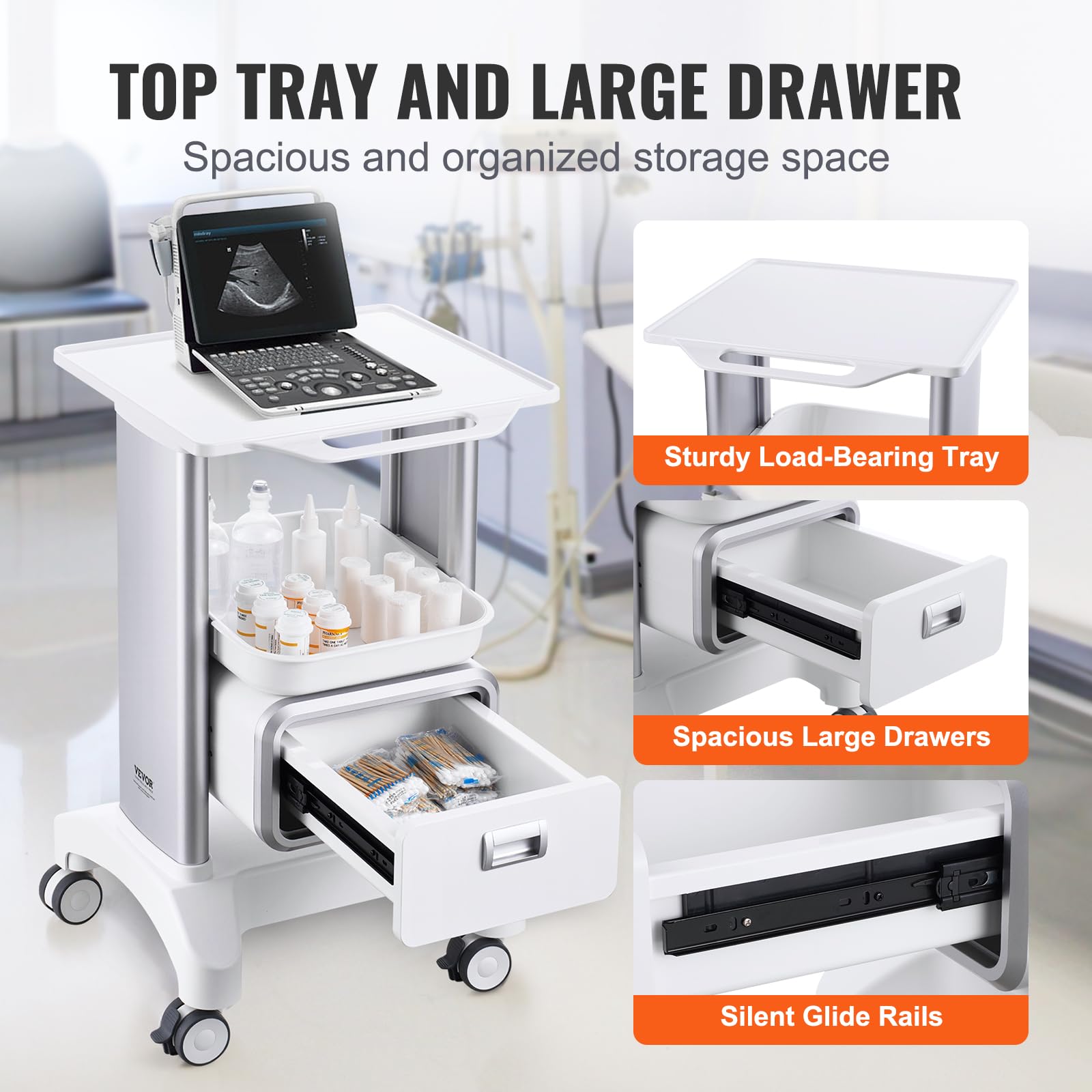Medical Trolley Storage Cart with Removable Drawer, Rolling Lab Tray Cart with Wheels for Ultrasound, Dental Clinic, Lab, Beauty Salon, Office