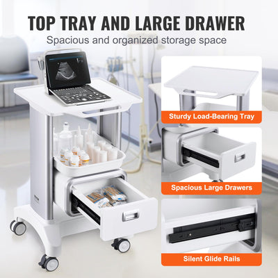 Medical Trolley Storage Cart with Removable Drawer, Rolling Lab Tray Cart with Wheels for Ultrasound, Dental Clinic, Lab, Beauty Salon, Office