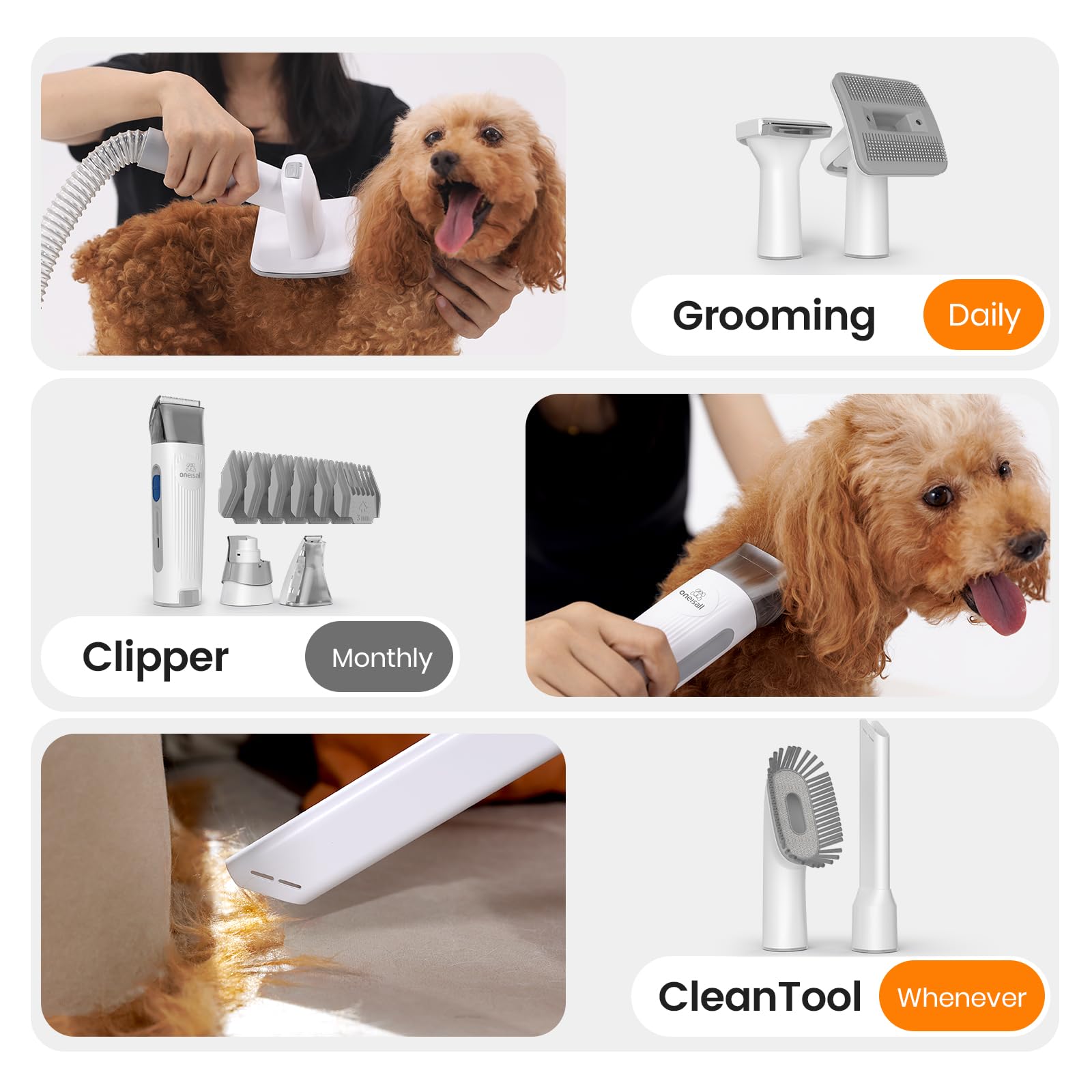 Dog Grooming Vacuum, Pet Grooming Vacuum with Clipper Nail Grinder, 1.5L Dust Cup Dog deshedding Vacuum Brush with 7 Tools for Shedding Pet Hair, Home Cleaning（Grey）