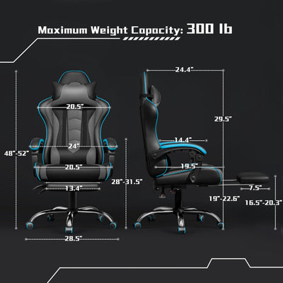 Gaming Chair, Video Game Chair with Massage Lumbar Support and Footrest Height Adjustable Ergonomic Computer Chair with Swivel Seat and Headrest, Black/Gray
