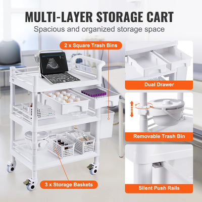 Medical Mobile Trolley Cart with 2 Drawers & 3 Trash Cans, 3 Tiers Beauty Salon Rolling Trolley with 4 Silent Wheels & 2 Dirts Bucket & Bowl, Medical Utility Cart for Hospital Dental Clinic Lab