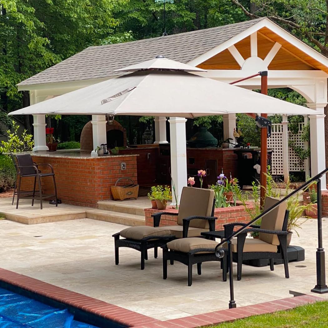 10 Feet Double Top Deluxe Wood Pattern Square Patio Umbrella Offset Hanging Umbrella Cantilever UmbrellaOutdoor Market Umbrella Garden Umbrella, Heather Beige