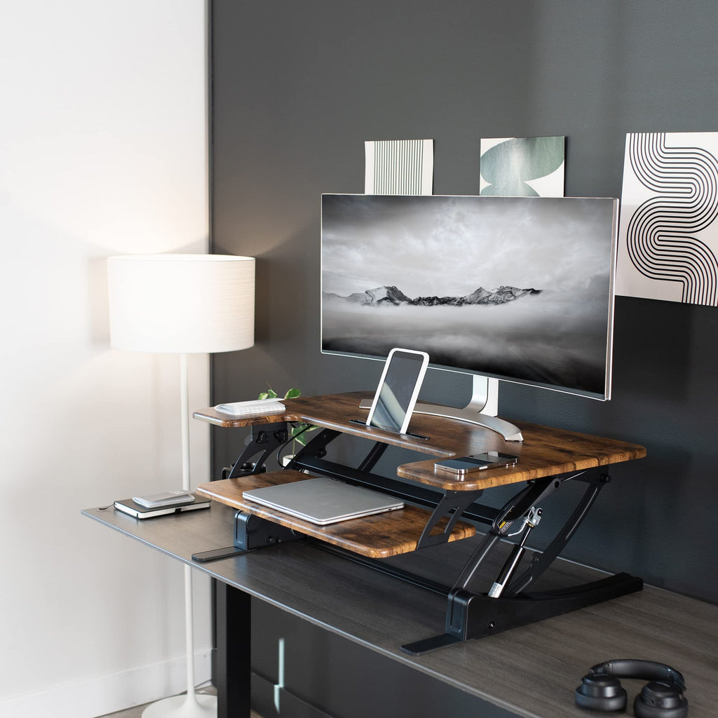 36 inch Height Adjustable Stand Up Desk Converter, V Series, Quick Sit to Stand Tabletop Dual Monitor Riser Workstation, Rustic Vintage Brown Top, Black Frame, DESK-V000VN