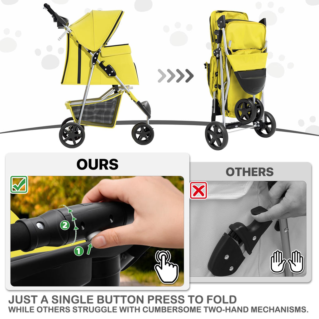 Foldable Pet Stroller with Waterproof Cover, 3-Wheels Dog Strolling Cart for Small/Medium Dogs and Cats with Storage Basket and Cup Holder, Breathable and Visible Mesh for All-Season, Yellow