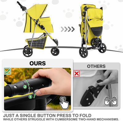 Foldable Pet Stroller with Waterproof Cover, 3-Wheels Dog Strolling Cart for Small/Medium Dogs and Cats with Storage Basket and Cup Holder, Breathable and Visible Mesh for All-Season, Yellow