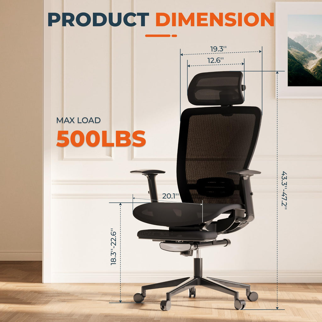 ErgoChair Pro Big and Tall Office Chair for Heavy People, Swivel Computer Chair Desk Chairs, with Lumbar Support/23in Retractable Footrest/4D Headrest/500lbs Heavy Duty, Mesh Seat, Black