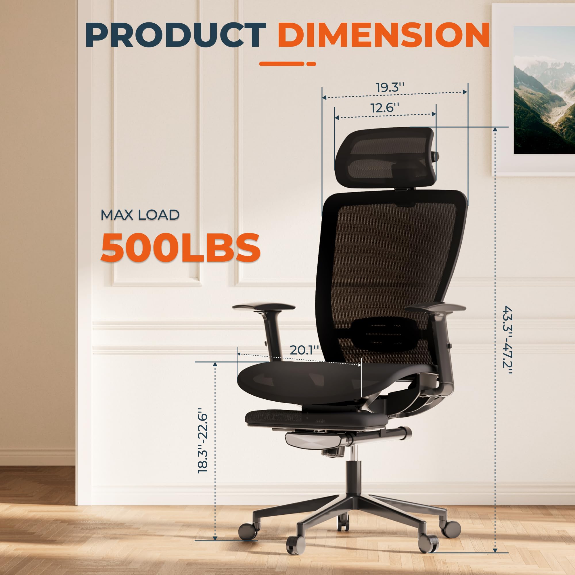 ErgoChair Pro Big and Tall Office Chair for Heavy People, Swivel Computer Chair Desk Chairs, with Lumbar Support/23in Retractable Footrest/4D Headrest/500lbs Heavy Duty, Mesh Seat, Black