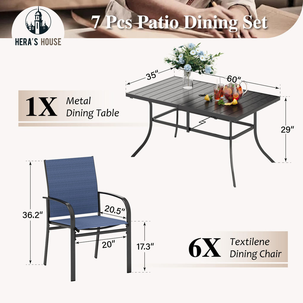 Outdoor Dining Set, Rectangle Metal Table with Double Umbrella Hole and 6 Armrest Chairs, Patio Table and Chairs for Backyard Garden Porch Deck (Blue)