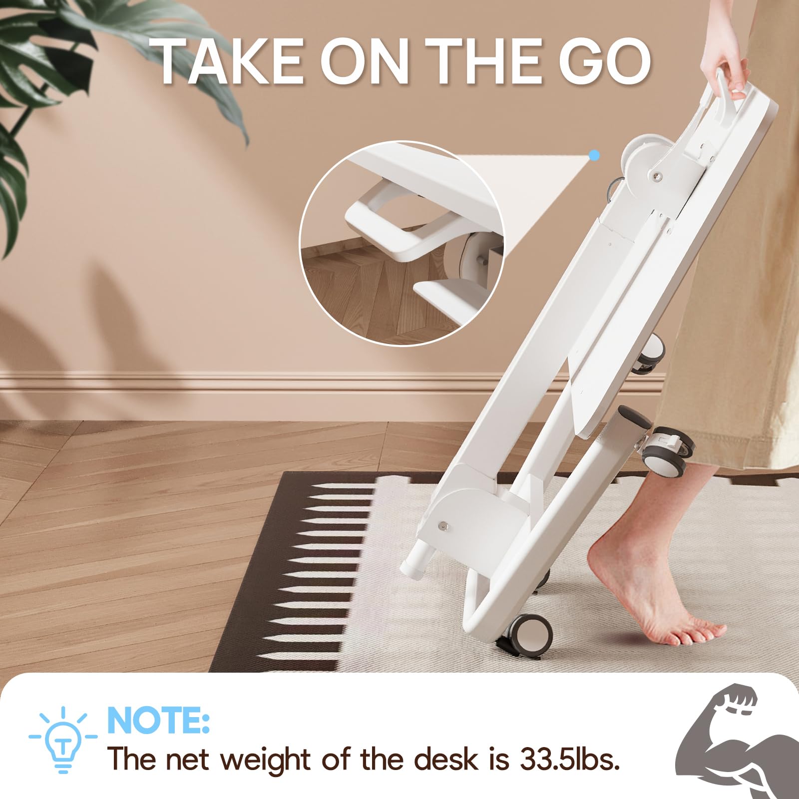 Foldable Mobile Standing Desk, 90 Tiltable Rolling Standing Desk, Height Adjustable Portable Laptop Workstation for Home Office, Easy to Fold, White