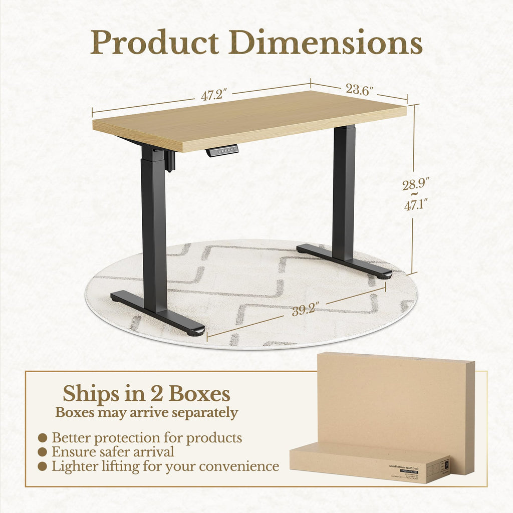 Electric Standing Desk, 48 Inch Adjustable Height Sit Stand Up Desk with 1.18" Thickness Whole-Piece Desktop, Computer Office Desk for Home Office, Light Walnut