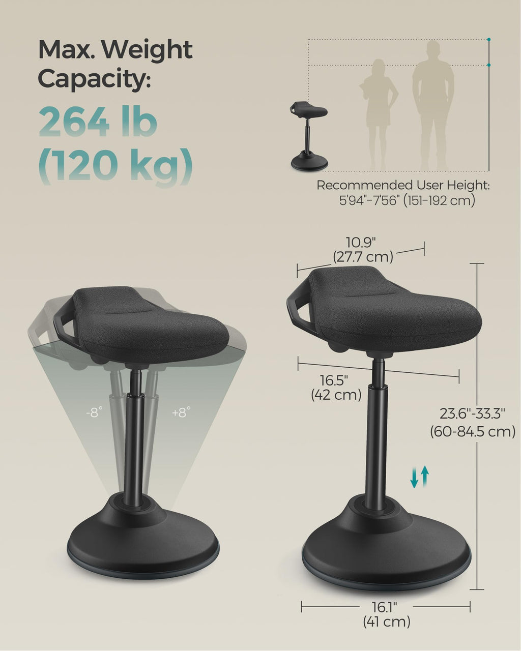 Ergonomic Wobble Stool, Height Adjustable Standing Desk Stool 23.6-33.3 Inches, Swivel Balance Chair with Non-Slip Base, Standing Chair, for Active Sitting, Office, Home, Ink Black UOSC02BK