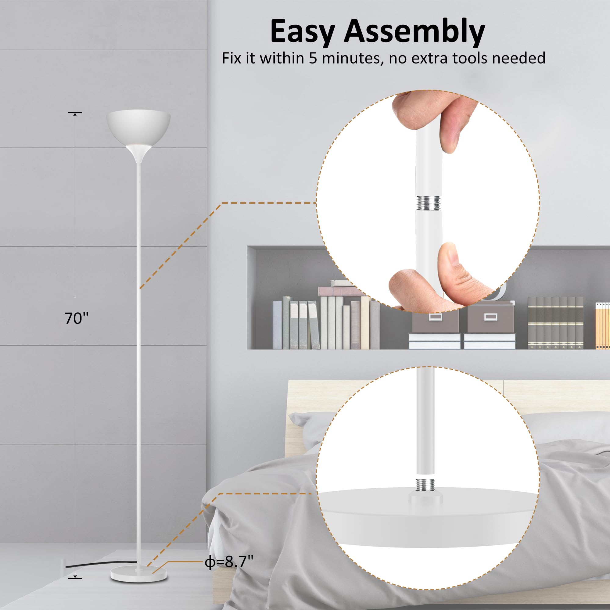 Floor Lamp, Remote Control with Stpeless Color Temperatures and Brightness, Torchiere lamp for Bedroom, Living Room, Bulb Included