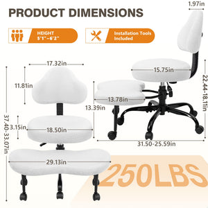 Cross Legged Office Chair, Criss Cross Desk Chair ADHD Meditation Kneeling Yoga Seat with Adjustable Height, Lumbar Support, Wider Footrest and Wheels (Pearl White)