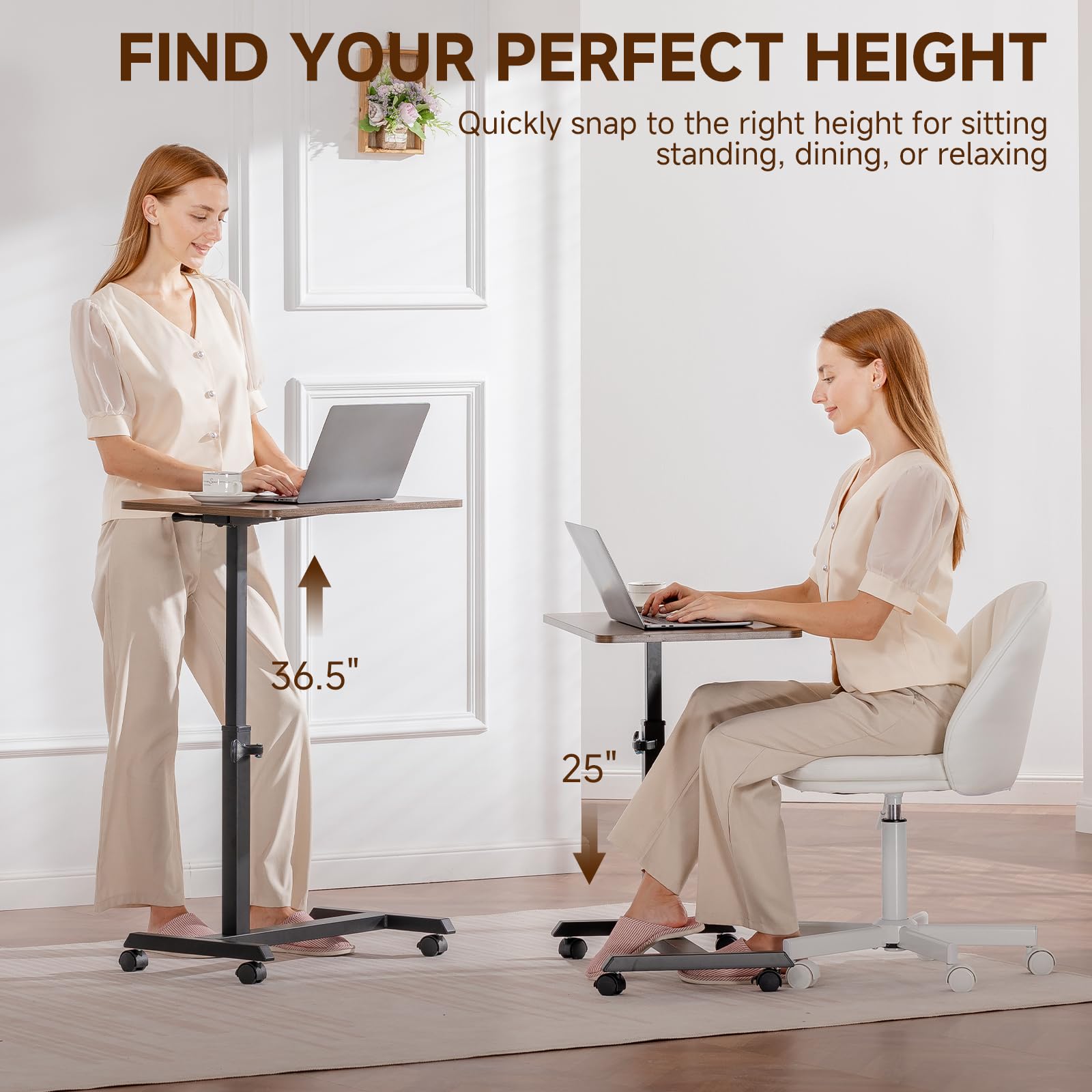 Small Standing Desk, 24 Inches Foldable Mobile Rolling Laptop PC Table with Lockable Casters, Adjustable Height Overbed Bedside Table Computer Workstation for Home Office, Walnut-Foldable
