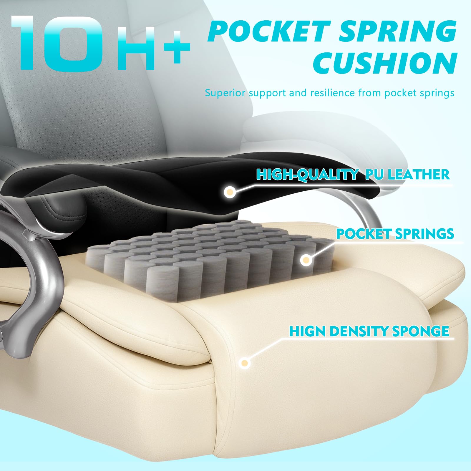 500lbs Big and Tall Office Chair, Heavy Duty Office Chair for Heavy People, High Back Executive Desk Chair with Adjustable Lumbar Support,Quiet Rubber Wheel,Pocket Spring Cushion