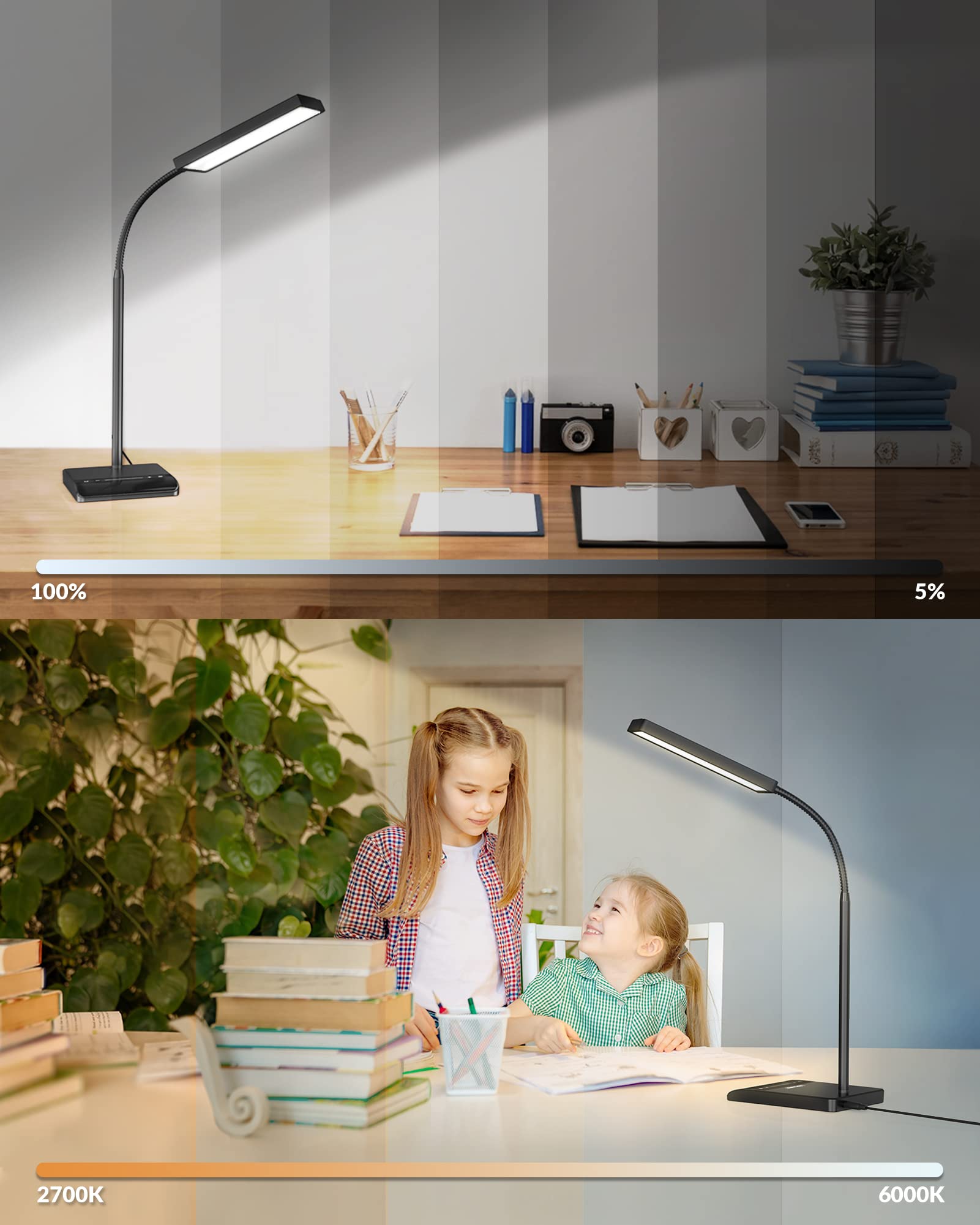 Desk Lamp, 800LM LED for Home Office, 12W Reading for Desk, Eye-Caring Light, Touch Table Gooseneck Lamp, 50 Lighting Modes, Bright for Bedroom, Study (Black)