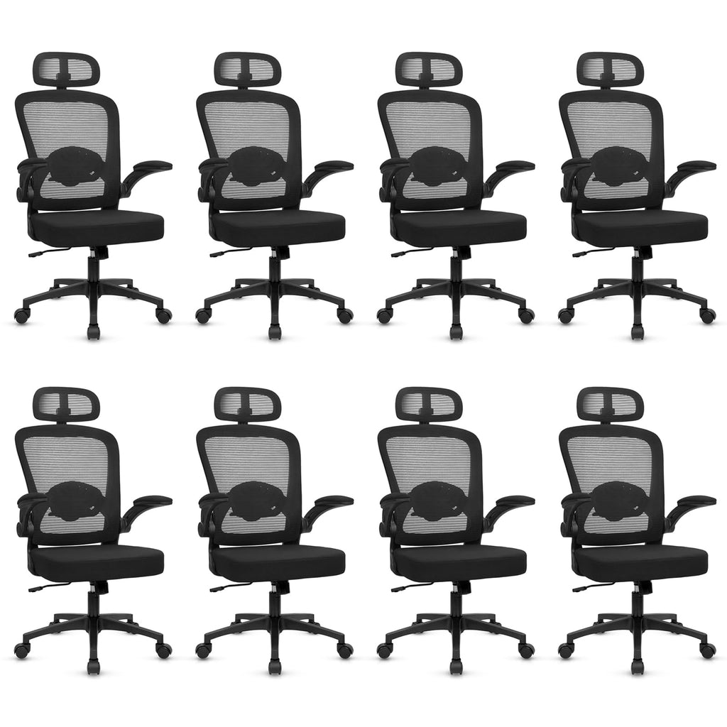 Home Office Desk Chair with Flip Up Armrests, Mesh Back Chair with Adjustable Height Lumbar Support and Headrest, Ergonomic Computer Task Chair for School, Conference, Black(8PK)
