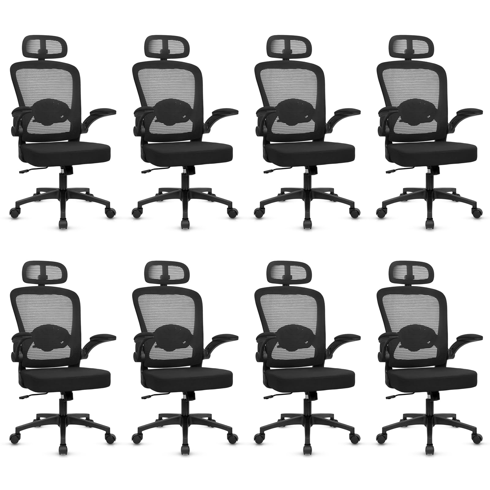 Home Office Desk Chair with Flip Up Armrests, Mesh Back Chair with Adjustable Height Lumbar Support and Headrest, Ergonomic Computer Task Chair for School, Conference, Black(8PK)