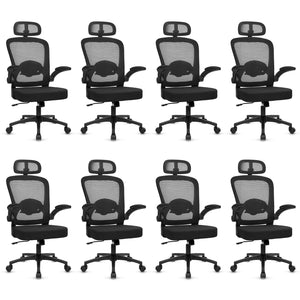 Home Office Desk Chair with Flip Up Armrests, Mesh Back Chair with Adjustable Height Lumbar Support and Headrest, Ergonomic Computer Task Chair for School, Conference, Black(8PK)