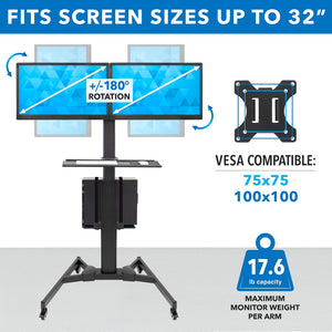 Dual Monitor Computer Cart – Mobile Standing Desk with Wheels, Rolling Workstation with Keyboard Tray, CPU Holder, and Adjustable Screen Mount for Office, Medical, or Warehouse