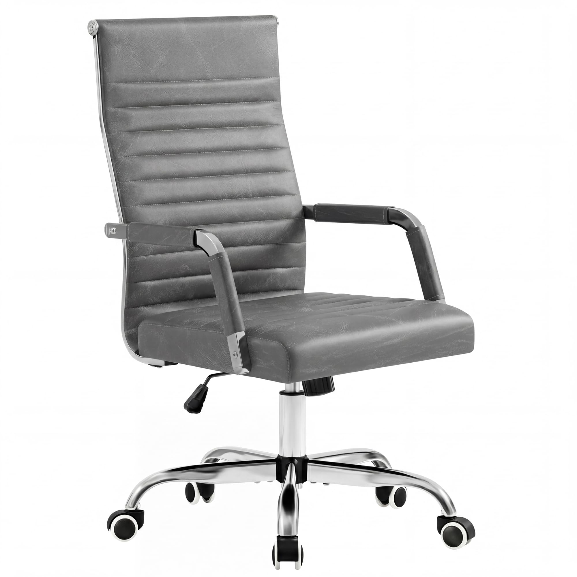Ergonomic Office Desk Chair, Executive Ribbed Mid-Back PU Leather Conference Room Chair Adjustable Swivel Chair with Arms (1, Bicolor Vintage Grey)