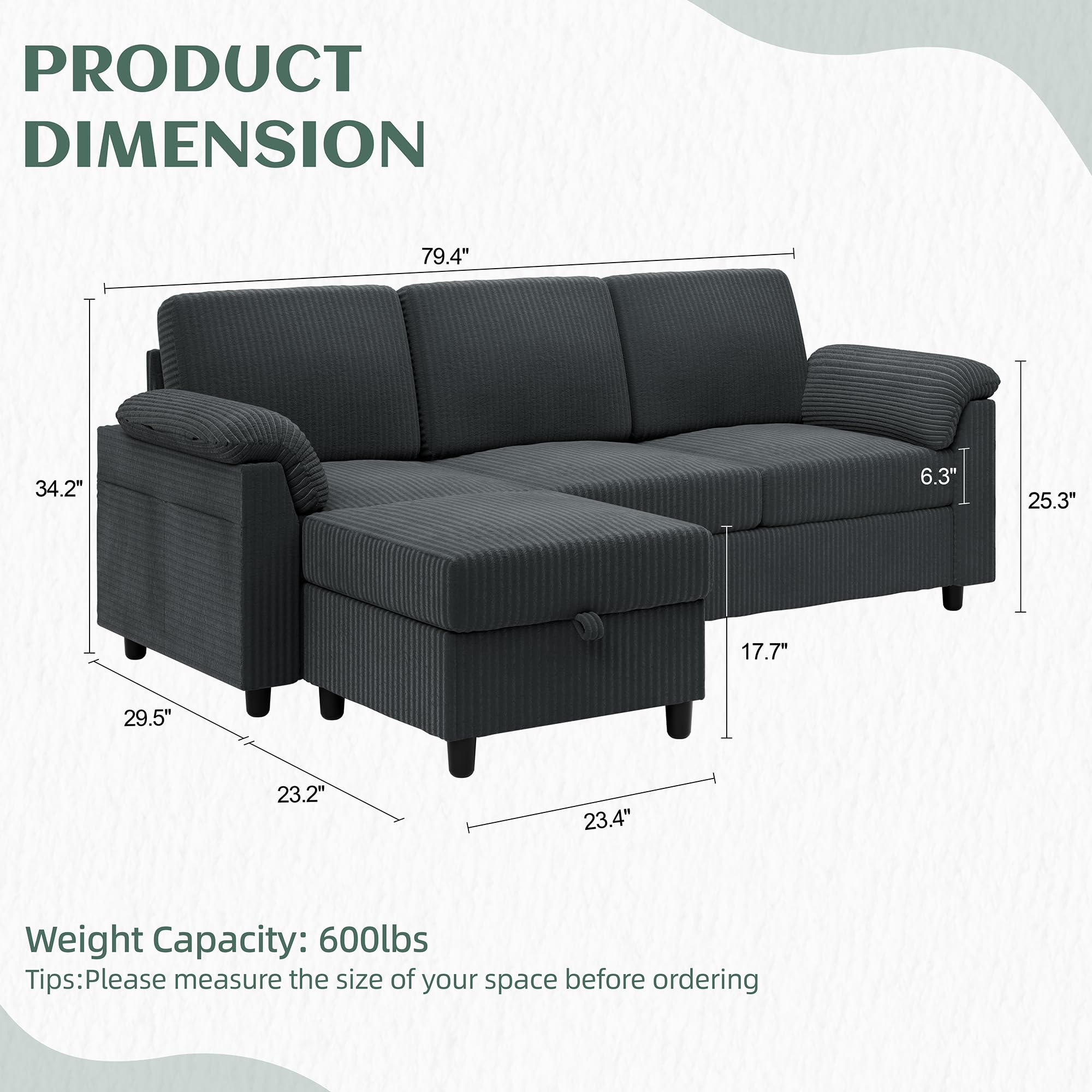 Convertible Sectional Sofa Couch, 3 Seat L Shaped Sofa with Removable Pillows Soft Corduroy Fabric Small Couch Mid Century for Living Room, Apartment and Office, Dark Grey
