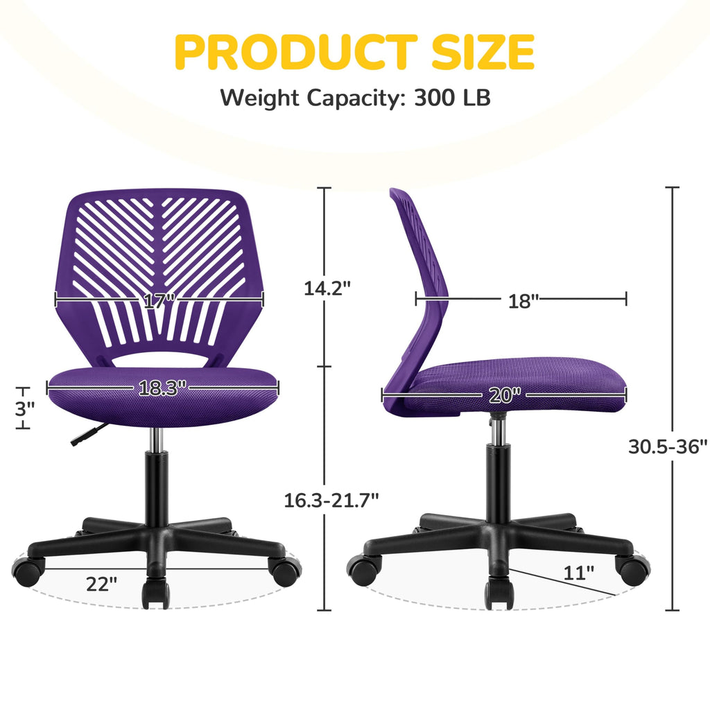 Students Cute Desk Chair Low-Back Armless Study Chair w/Lumbar Support Adjustable Swivel Chair in Home Bedroom School, Purple