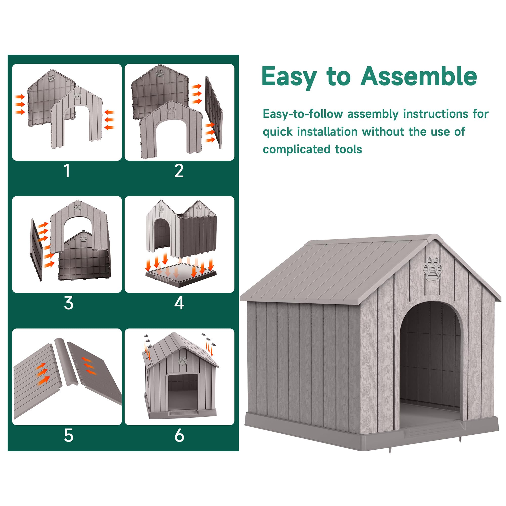 Large Dog House Indoor Outdoor Waterproof,Puppy Shelter with Air Vents and Elevated Floor,Sturdy Dog Kennel for Small to Large Sized Dogs, Easy to Assemble (Grey, 38.62×36.26×38.07 Inches)
