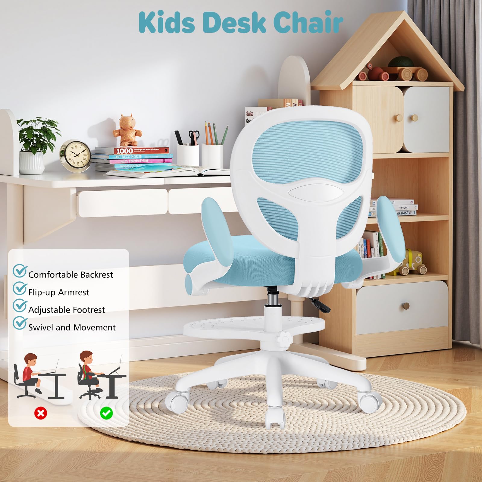 Kids Desk Chair Ergonomic Study Chair with Flipped Armrest and Footrest Adjustable Height Swivel Kids Computer Chair Mesh Desk Chair for Boys Girls Children at Home Bedroom Study Room Blue