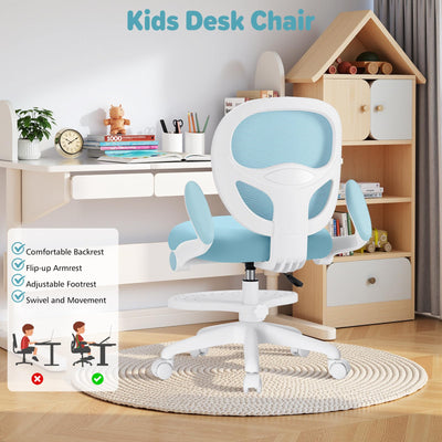 Kids Desk Chair Ergonomic Study Chair with Flipped Armrest and Footrest Adjustable Height Swivel Kids Computer Chair Mesh Desk Chair for Boys Girls Children at Home Bedroom Study Room Blue