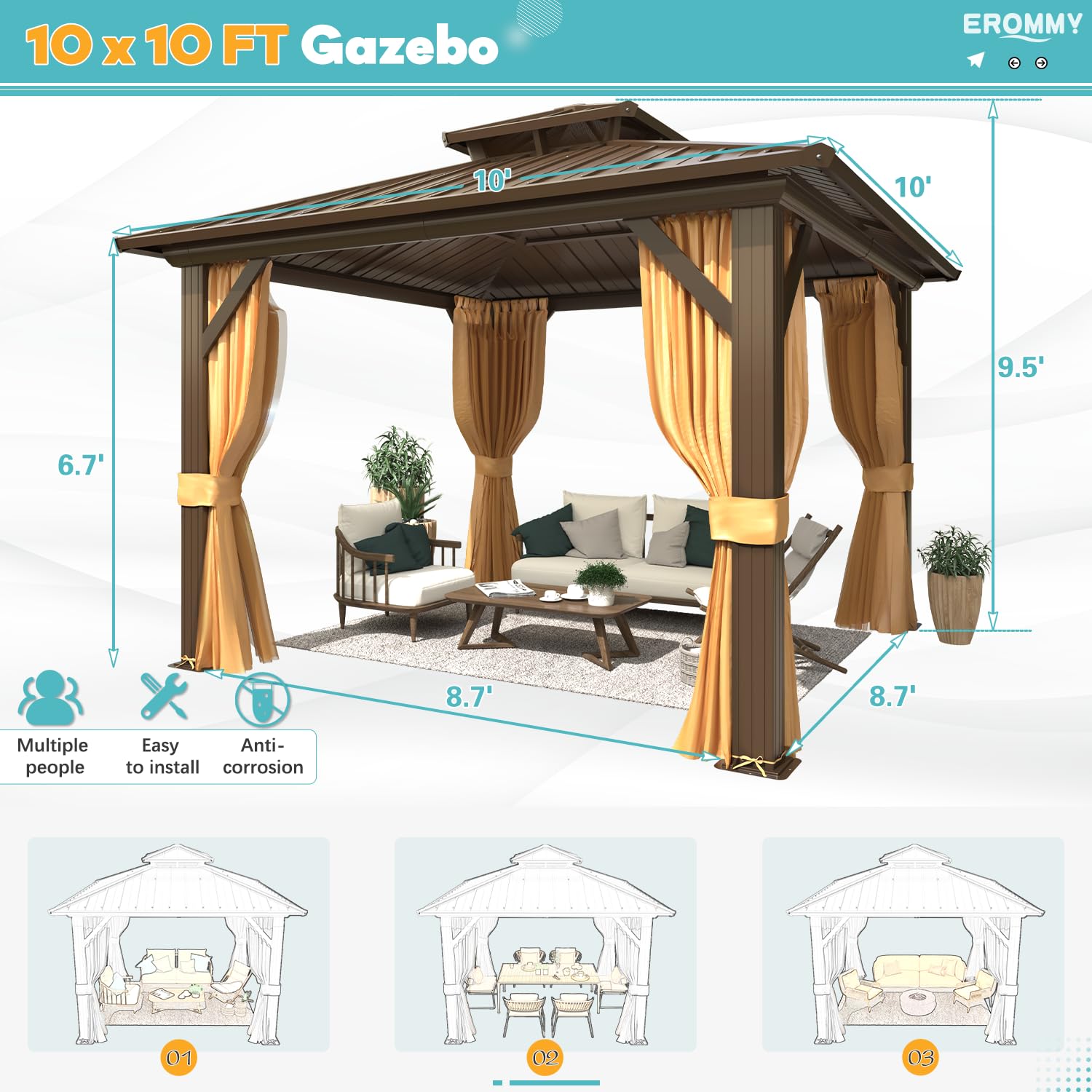 10' x 10' Hardtop Gazebo, Aluminum Frame Gazebos with Galvanized Steel Double Roof, Permanent Outdoor Metal Pavilion with Curtain and Netting for Patio, Lawn, Deck